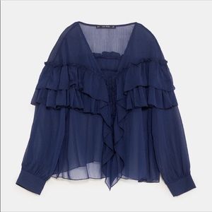 Zara Ruffled Blouse in Navy Blue. Size Small